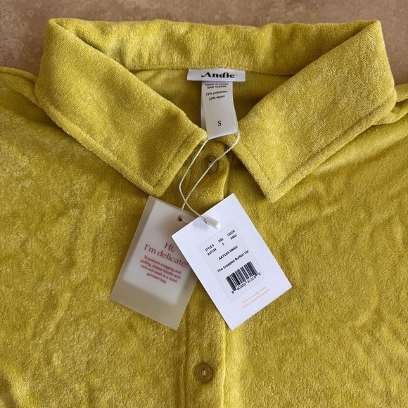 Andie Swim Cropped Button Up Yellow Terry Short Sleeve Collar Women Size S - Picture 12 of 14